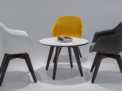 Modern Round White Table with Three Chairs White Yellow Black and Dark Wooden Legs 3d model