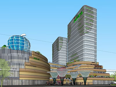 Modern Commercial Complex With High Rise Buildings Blue Spherical Structure And Facade Greenery 3d model