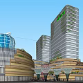 Modern Commercial Complex With High Rise Buildings Blue Spherical Structure And Facade Greenery