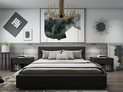 Modern Bedroom Double Bed with Decorative Artwork Chandelier Nightstands and Table Lamps 3d model