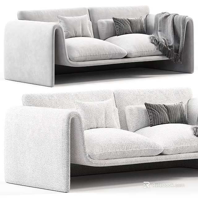 Modern Light Gray Two Seater Sofa With Soft Fabric Cushions And Throw Blanket 3d model 