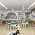Preschool Classroom with Bright Tables Chairs Bookshelves Pendant Lights and Wooden Floor