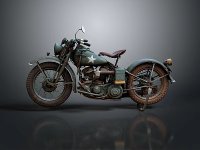 Vintage Military Green Motorcycle With Brown Leather Seat And Rustic Wheels 3d model