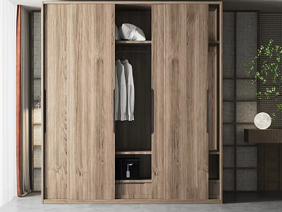 Modern Wooden Wardrobe with Sliding Doors Hanging Clothes Storage Compartments and Minimalist Design 3d model