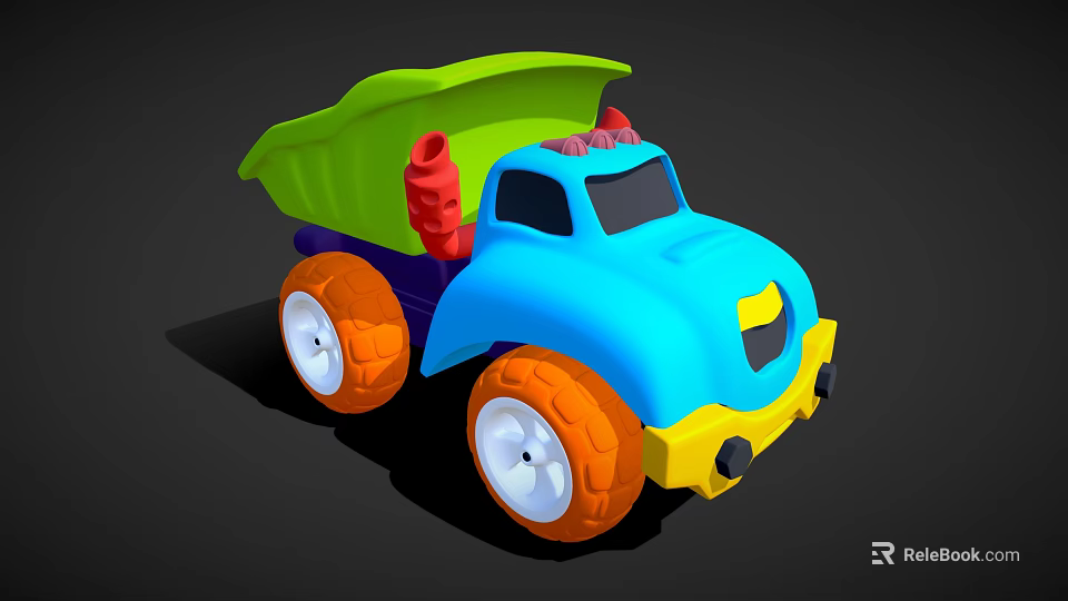 Colorful Children's Toy Dump Truck With Blue Body Green Bed And Orange Wheels 3d model 