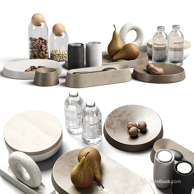Modern Kitchenware Display With Glass Bottles Ceramic Trays Nuts And Pears 3d model