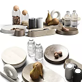 Modern Kitchenware Display With Glass Bottles Ceramic Trays Nuts And Pears 3d model