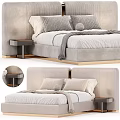 Modern Double Bed With Textured Upholstered Headboard Plush Pillows Throw Blanket And Nightstand