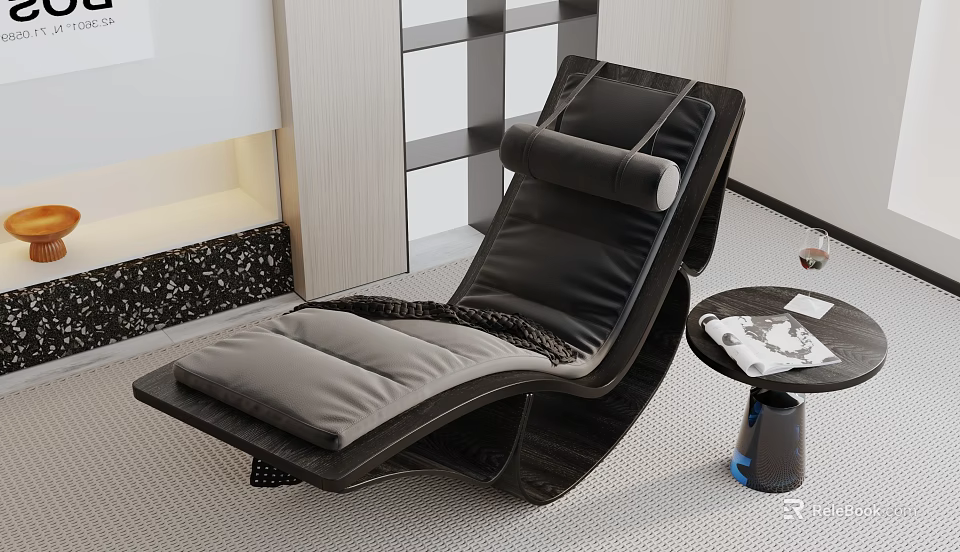 Comfortable Modern Black Lounge Chair With Gray Cushion And Side Table 3d model 