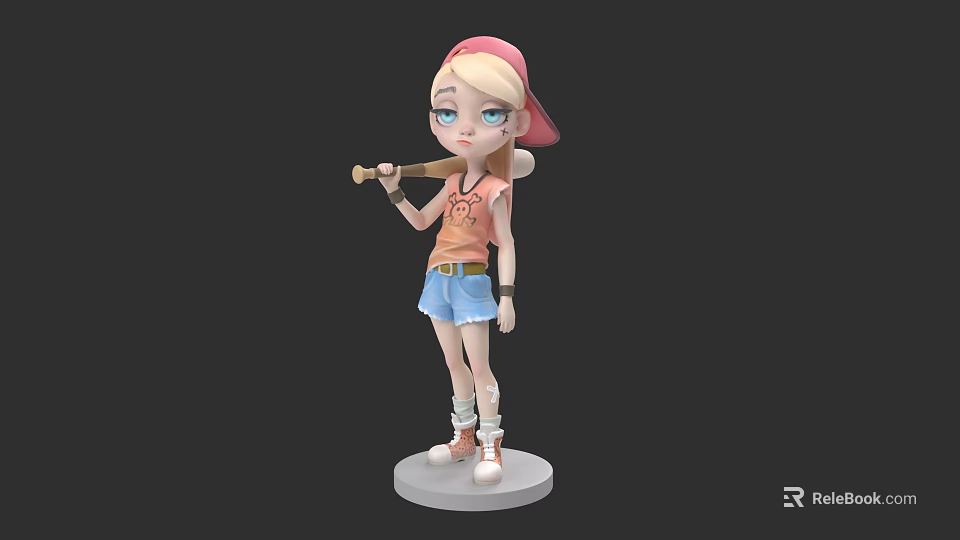 Cartoon Game Character 3D Model With Pink Cap Orange Shirt Blue Shorts And Baseball Bat 3d model 