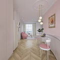 Modern Living Dining Room Interior With Pink Sofa Round Rug Fireplace TV Wall And Chandelier