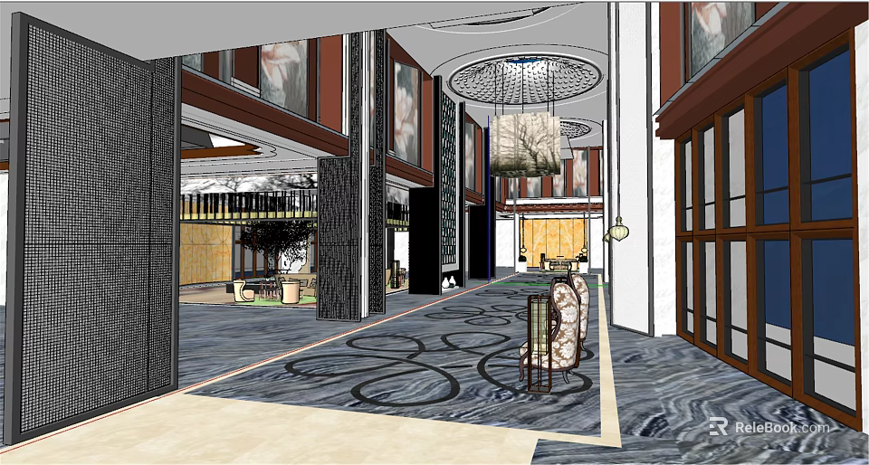 Hotel Lobby Interior With Large Chandelier Patterned Carpet And Decorative Columns 3d model 