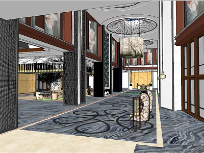 Hotel Lobby Interior With Large Chandelier Patterned Carpet And Decorative Columns 3d model