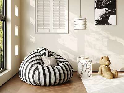 Black And White Striped Bean Bag In Room With Teddy Bear And Marble Side Table 3d model