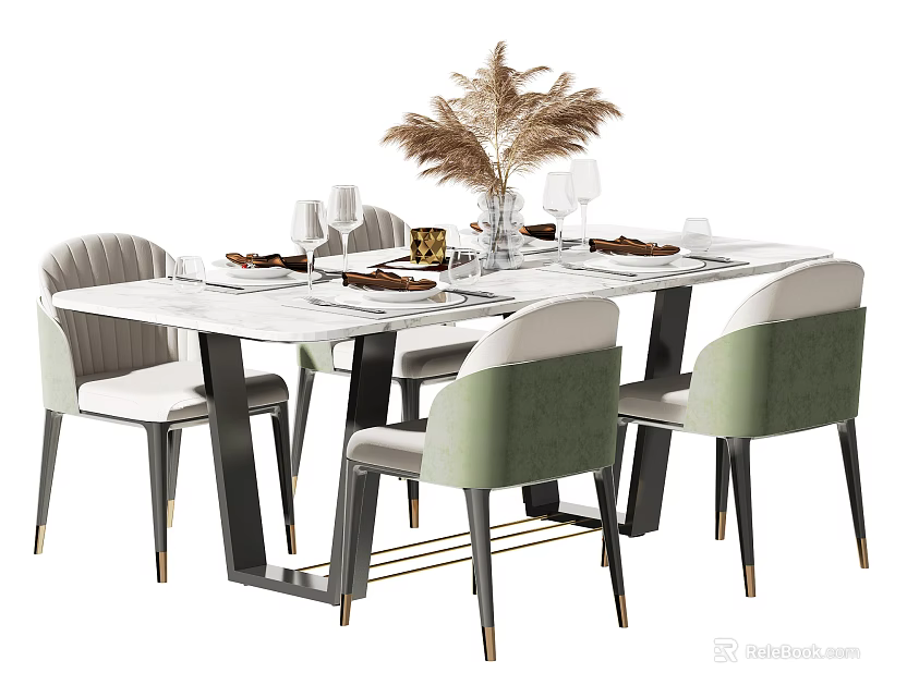 Modern Dining Table Set with Upholstered Green White Chairs and Decorative Pampas Grass Vase 3d model 