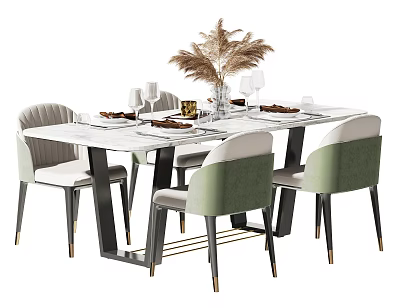 Modern Dining Table Set with Upholstered Green White Chairs and Decorative Pampas Grass Vase 3d model