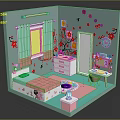 Cartoon Bedroom with Light Blue Walls Pink Bed Red Plum Blossom Decor Dresser and Curtains