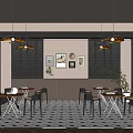 Cozy Café Interior With Stylish Pendant Lights Wooden Tables And Decorative Paintings