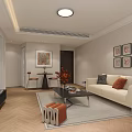 Modern Apartment Bedroom Interior With Bed Curtains Bedside Tables And Wall Paintings