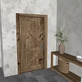 Rustic Wooden Swing Door With Natural Wood Grain And Side Table Plant Vase
