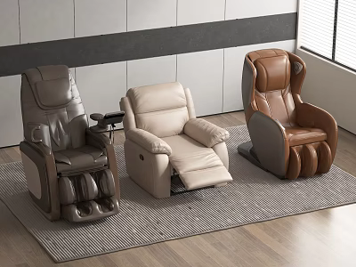 Modern Interior Featuring Three Leather Massage Chairs In Different Colors With Recline Function 3d model