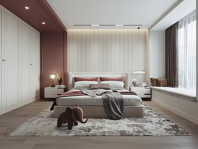 Modern Bedroom Interior With Striped Accent Wall Bed Nightstands And Elephant Toy Rug 3d model