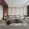 Modern Bedroom Interior With Striped Accent Wall Bed Nightstands And Elephant Toy Rug