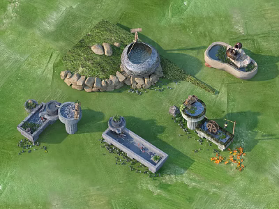 Traditional Outdoor Stone Structures with Well Water Trough Millstone and Grassland Setting 3d model