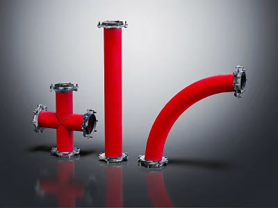 Red Industrial Pipes with Various Shapes T joint Straight Elbow and Metal Flanges 3d model