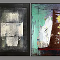 Abstract Wall Paintings Featuring Black Background White Blocks and Colorful Green Purple Brown Hues