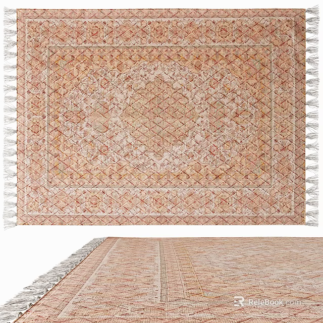 Square Carpet Featuring Traditional Geometric Pattern And Fringed Edges In Warm Tones 3d model