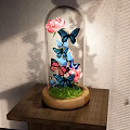 Ornamental Decoration Set with Glass Dome Pink Flowers Blue Pink Butterflies Green Grass Wooden Base