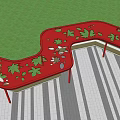 Red Pergola with Leaf Pattern Cutouts Surrounded by Greenery and Striped Pavement 3d model