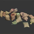 Burlap Storage Bags With Soybeans And White Powder Container For Food