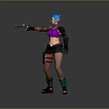 Blue Haired Character In Purple Top Black Skirt Holding Gun On Circular White Striped Platform
