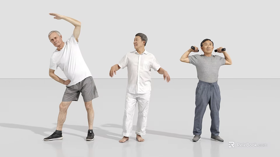 Three Elderly Men Exercising With Stretching Arm and Dumbbell Lifting In Indoor Space 3d model 