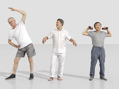 Three Elderly Men Exercising With Stretching Arm and Dumbbell Lifting In Indoor Space 3d model