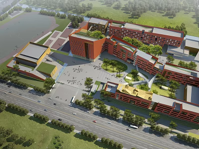 Modern School Buildings with Red Facades Green Spaces Trees and Campus Courtyards 3d model