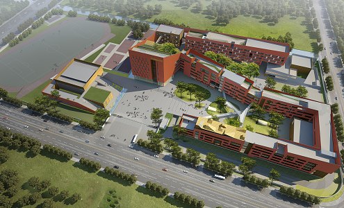 Modern School Red Brick Elementary School 3d model