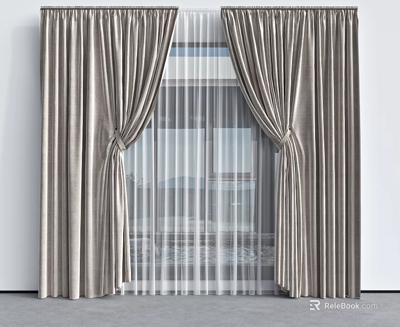 Elegant Modern Curtains With Sheer Layer And Tied Design For Window Decoration 3d model