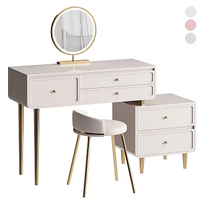 White Dressing Table With Gold Legs Round Mirror Drawers And Matching Stool 3d model