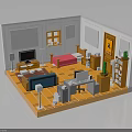 Cozy Room Interior With Pink Bed Blue Sofa TV Desk And Bookshelf