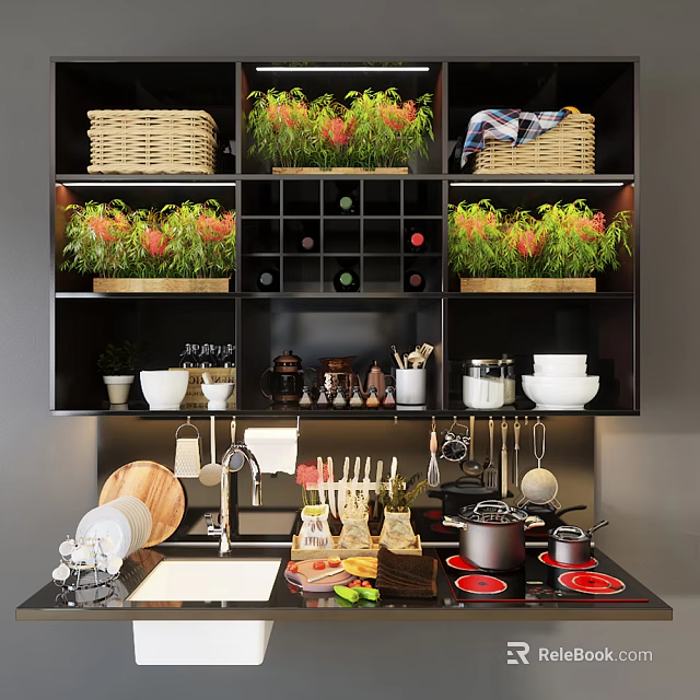 Modern Kitchen Countertop With Black Shelves Wicker Baskets Green Plants And Cooking Utensils 3d model 