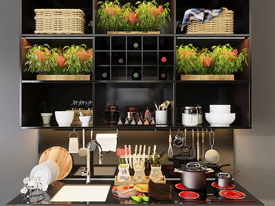 Modern Kitchen Countertop With Black Shelves Wicker Baskets Green Plants And Cooking Utensils 3d model