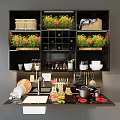 Modern Kitchen Countertop With Black Shelves Wicker Baskets Green Plants And Cooking Utensils