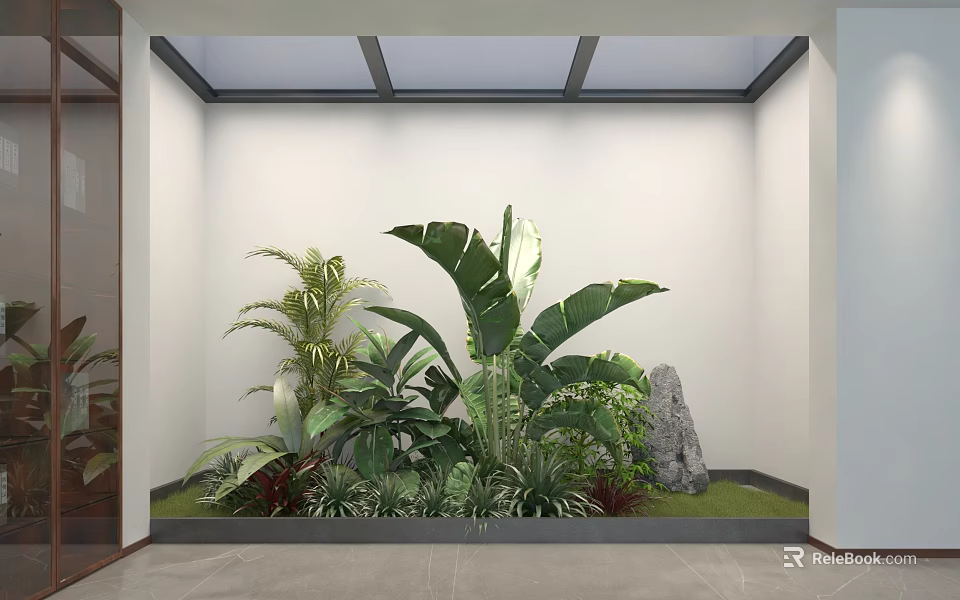 White Wall Indoor Plant Landscape With Large Leaf Mixed Greenery Stone And Skylight 3d model 