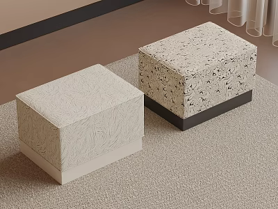 Two Square Textured Stools With Decorative Patterns On Carpet In Interior 3d model