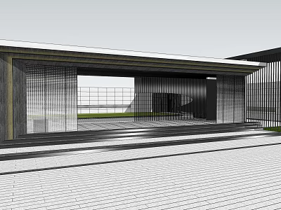 Contemporary Entrance Gate Design Featuring Glass Panels Metal Frames And Roof Overhang On Paved Ground 3d model