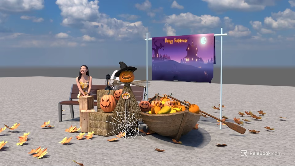 Halloween Art Installation Featuring Pumpkin Lanterns Hay Bales Spider Web Wooden Boat And Fallen Leaves 3d model 