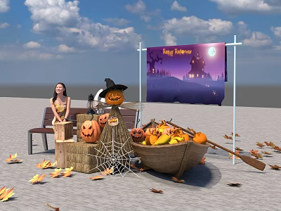 Halloween Art Installation Featuring Pumpkin Lanterns Hay Bales Spider Web Wooden Boat And Fallen Leaves 3d model